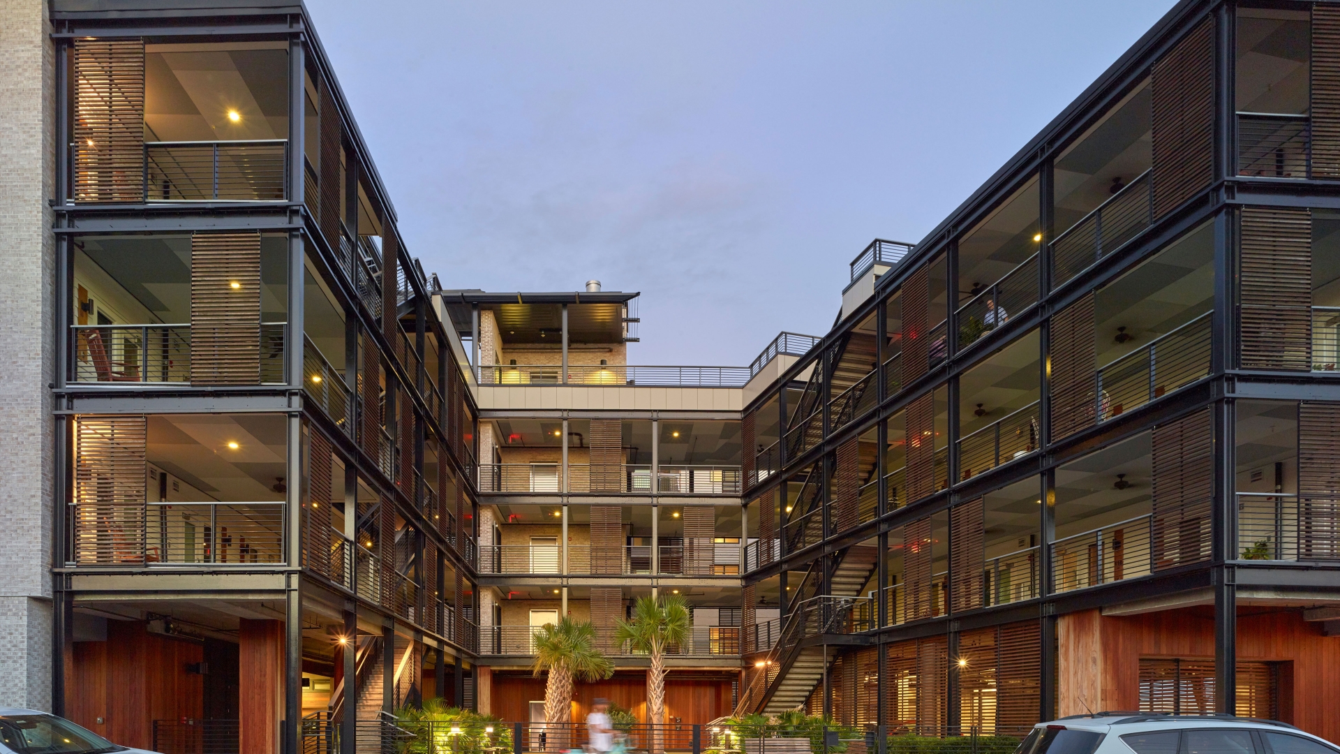 Exterior street view of Williams Terrace at dusk in Charleston, North Carolina.