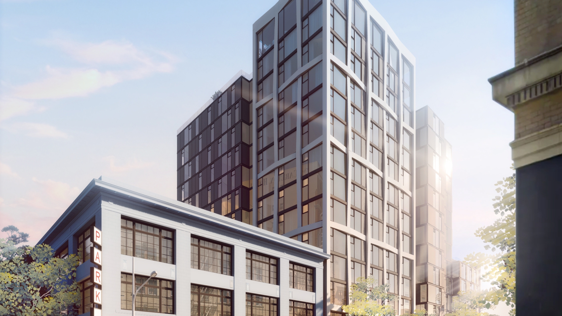 Exterior rendering of 1101 Sutter from the corner of Sutter and Larkin Street in San Francisco.