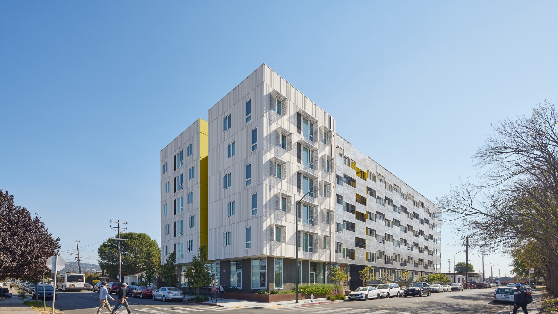 Exterior street view of Coliseum Place in Oakland, California.