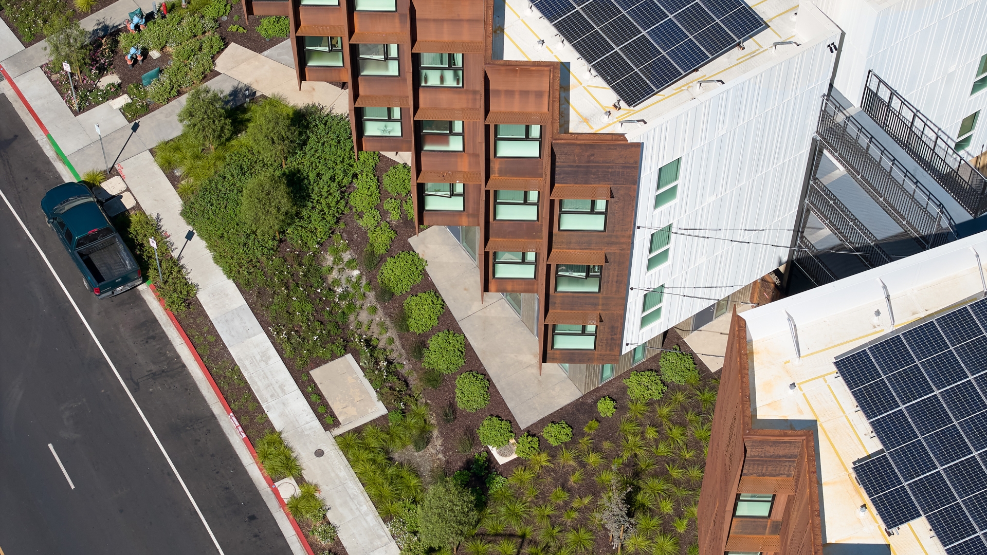 Aerial view of the the sawtooth design at Blue Oak Landing in Vallejo, California.