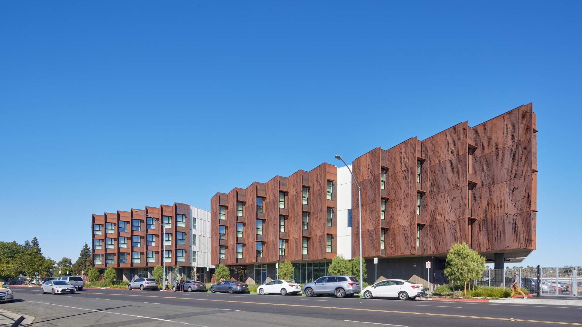 Exterior view of Blue Oak Landing showing the weathered steel facade.