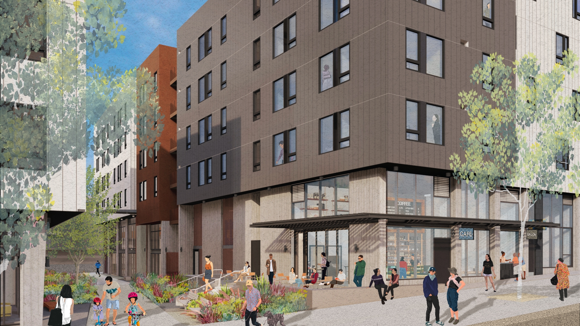 Exterior rendering of the cafe retail space at Sunnydale Block 3 in San Francisco.