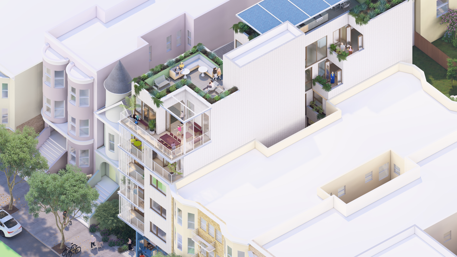 Aerial rendering showing single-stair apartmenbt building and solar on top