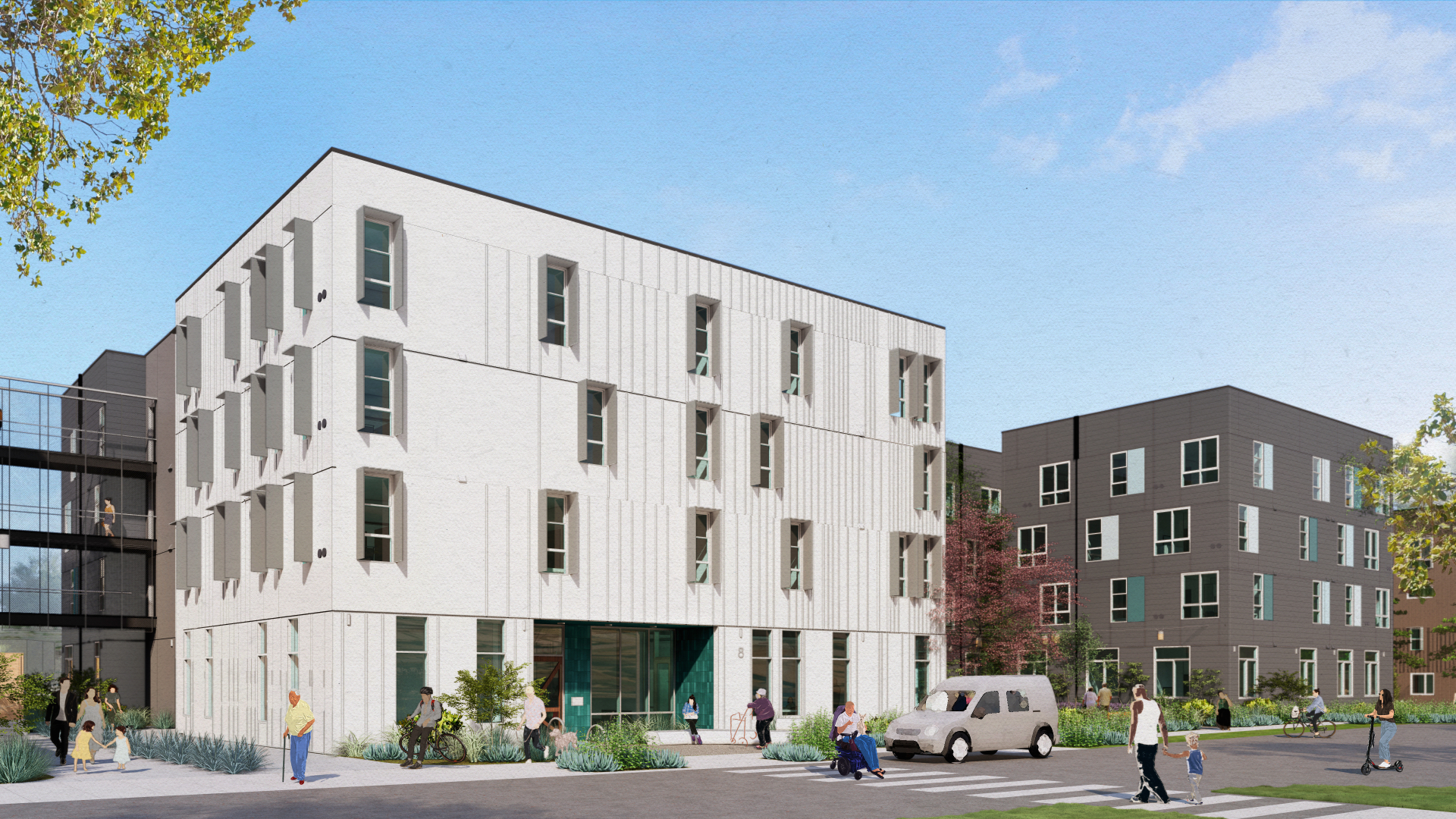 Rendering of white apartment building against blue sky