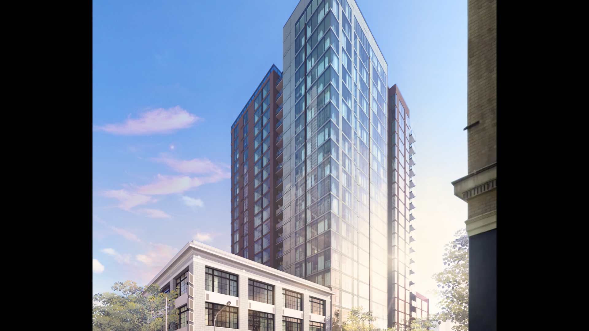 Mid rise building with attached adaptive reuse building