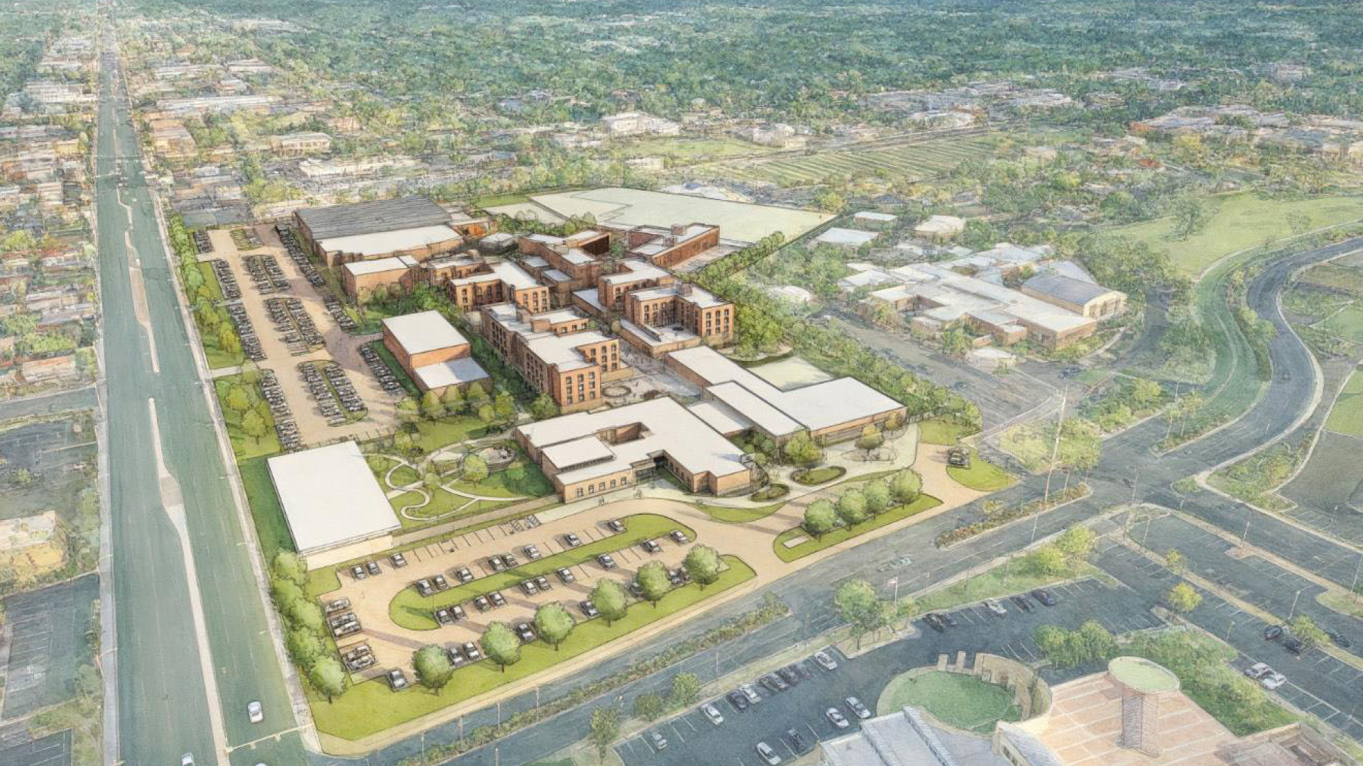 Aerial view of cluster of buildings