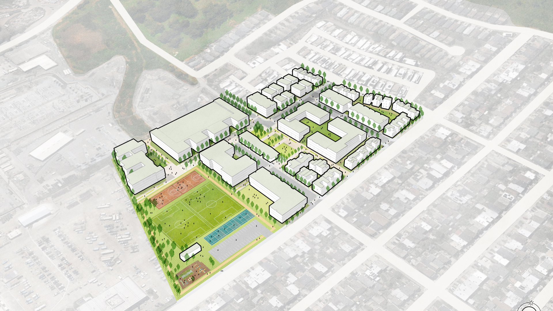 Aerial rednering of multi block site with varying housing types