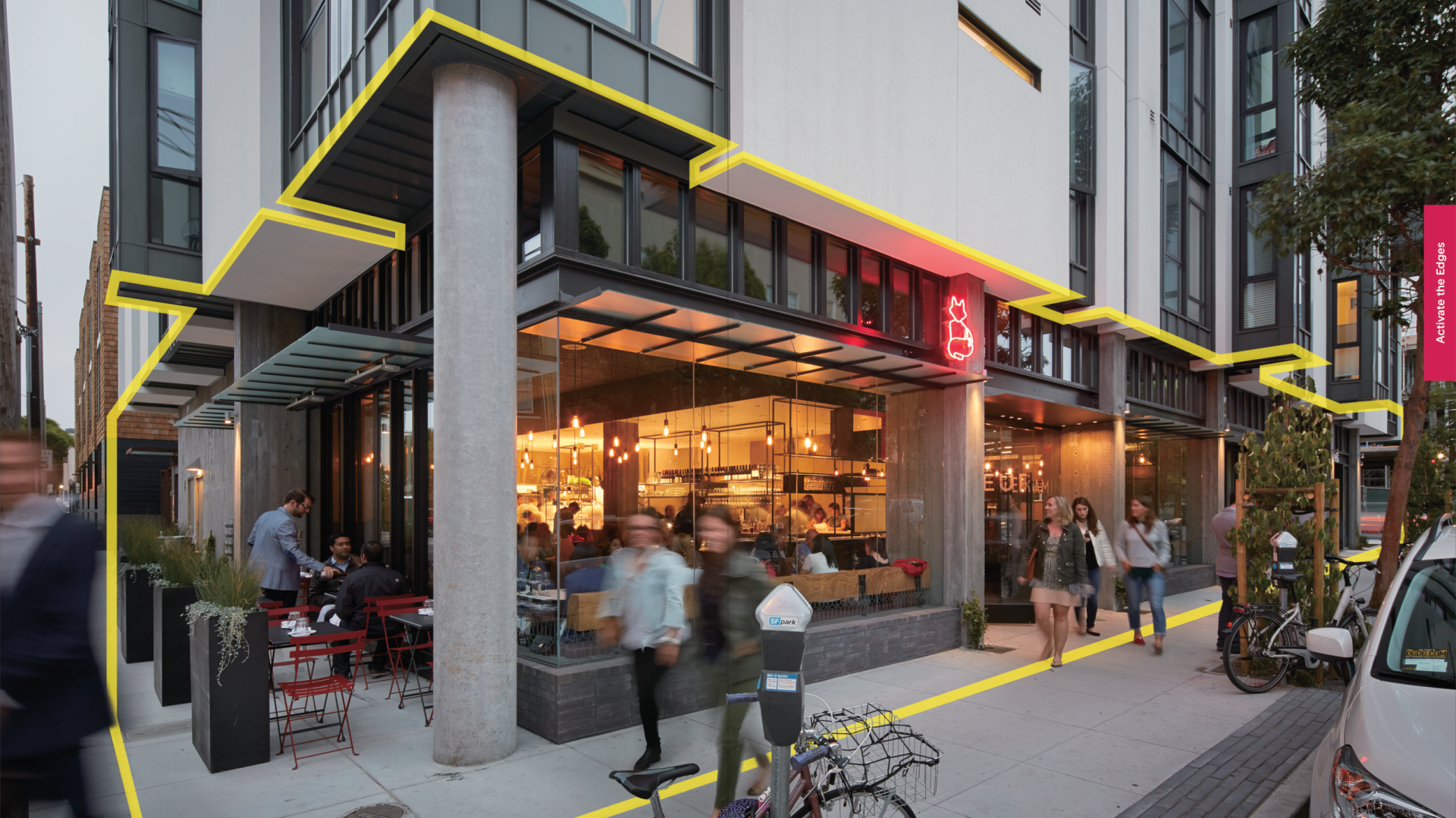 Image of corner of building with grond floor activity open to sidewalk