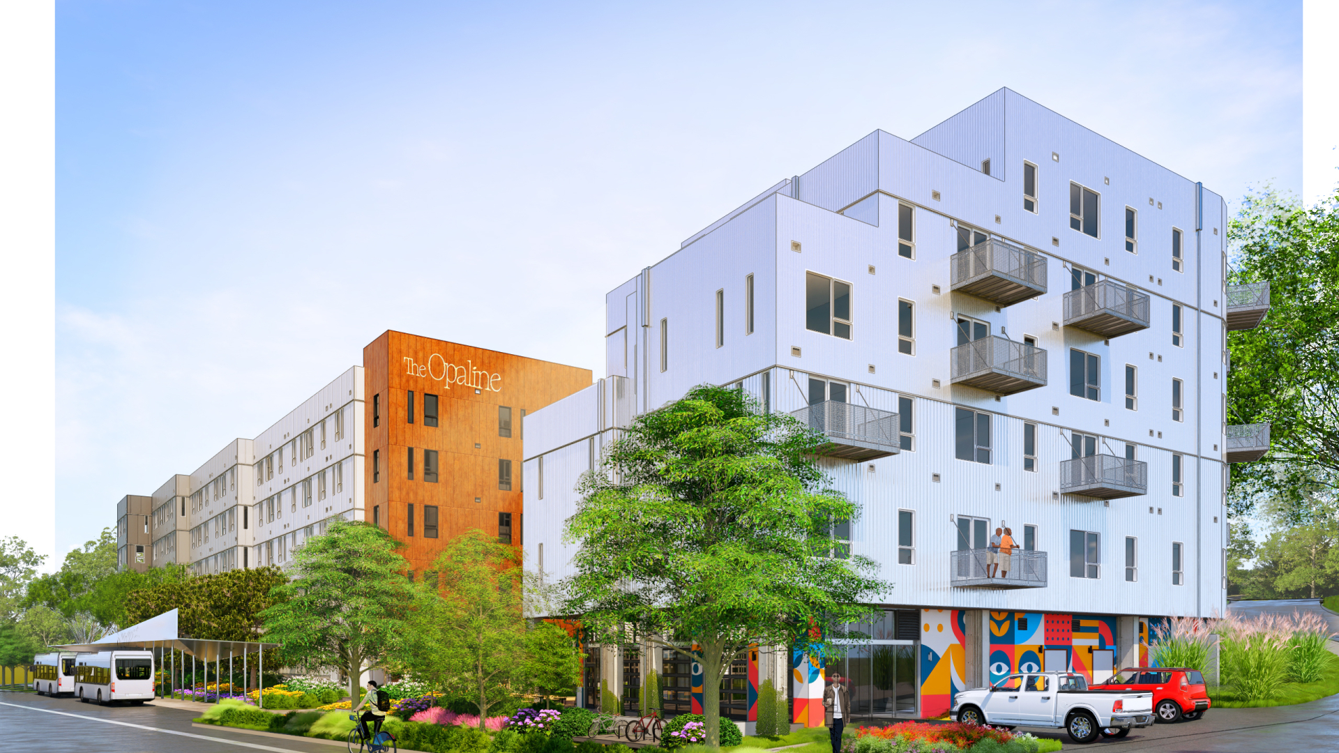 White building in foreground with orange in the background