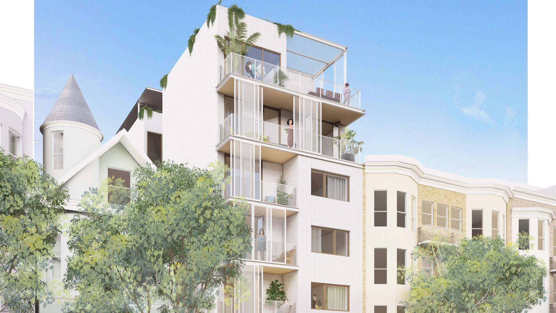 Rendered street view of a mid-rise apartment 