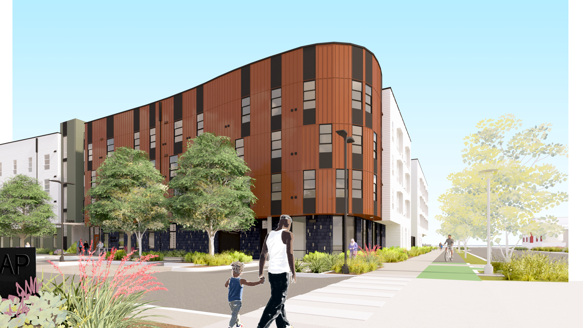 Rendering view of the corner of a four-story building showing a swooping rounded form.