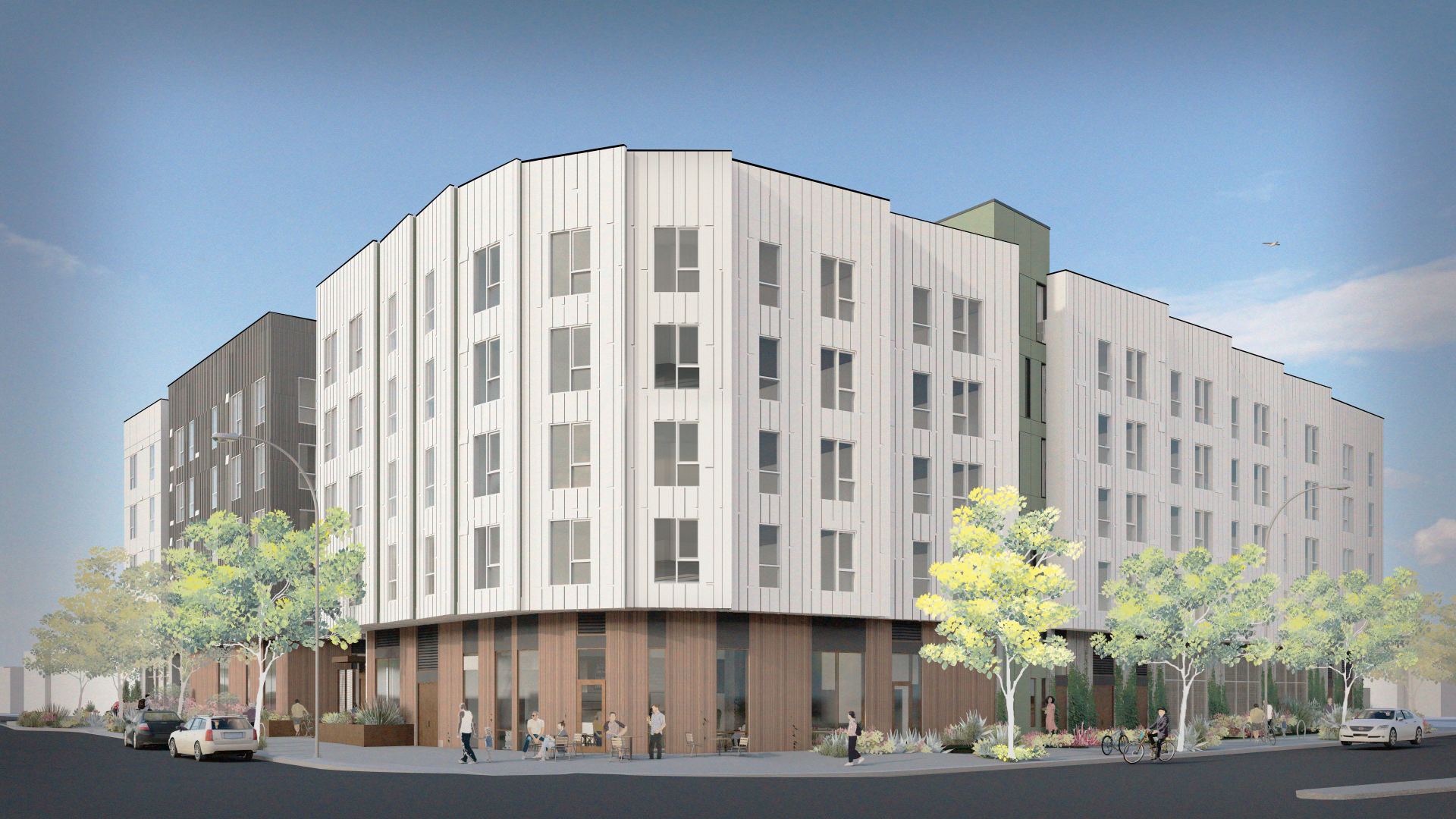 Rendering of the buildings distinctive sawtooth facade with a woodclad first floor, visualized from the corner of Thornton Avenue and Post Street.
