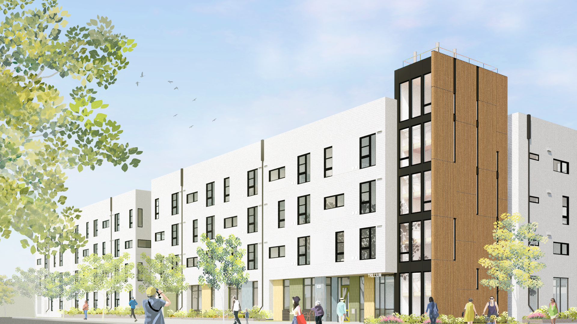 An exterior rendering of Trillium Senior Housing with a primarily white exterior with wood and dark grey portions.
