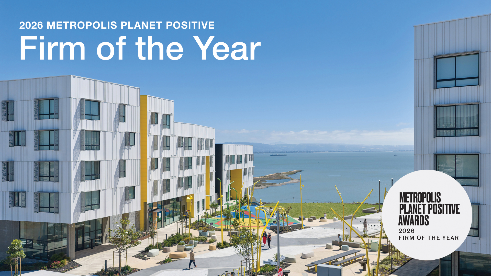 2026 METROPOLIS Planet Positive Firm of the Year text with a colorful photo of Hunters View in the background