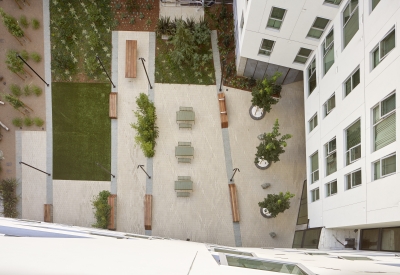 Aerial view of the courtyard in 222 Taylor Street, affordable housing in San Francisco