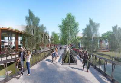 Exterior rendering of the pedestrian bridge in the park of Housing Northwest Arkansas Initiative.