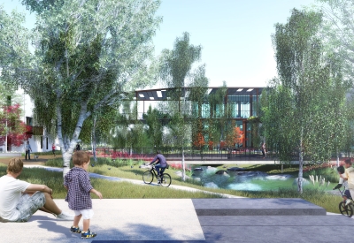 Exterior rendering showing the water running through the park of Housing Northwest Arkansas Initiative.