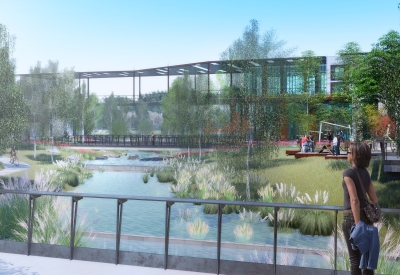 Exterior rendering showing the water running through the park at Housing Northwest Arkansas Initiative.