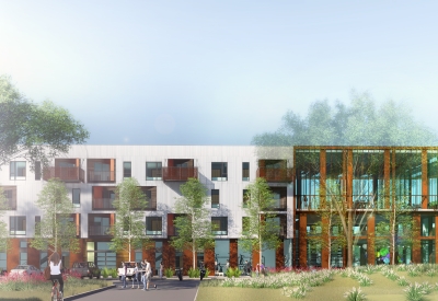 Exterior rendering of the live/work units for Housing Northwest Arkansas Initiative.
