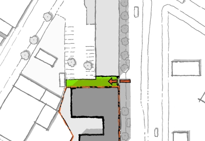 Diagram of the front entrance to 34th and San Pablo Affordable Family Housing in Oakland, California.