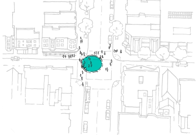 Sketch of a neighborhood with a group of people gathering to paint the aqua circle over the water cistern. 