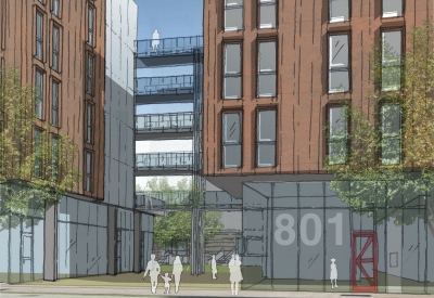 Exterior sketch of entrance of 855 Brannan in San Francisco.