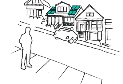 Sketch of a house with an aqua colored solar panels indicating a shared power source.