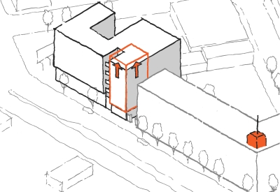 Diagram of the raised corner "pop-up" element at 34th and San Pablo Affordable Family Housing in Oakland, California.
