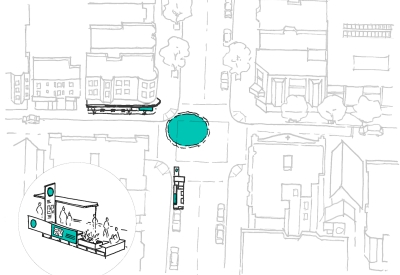Sketch of a neighborhood with an aqua circle in an intersection and tw businesses highlighted in aqua representing a place of gathering in an emergency.