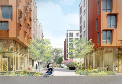 Exterior rendering of the pedestrian greenway for East Santa Clara Housing in San Jose, California