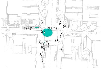 Sketch of a neighborhood with an aqua circle in an intersection representing the place of a water cistern with a group of increasing people gathering near or on the circle. 