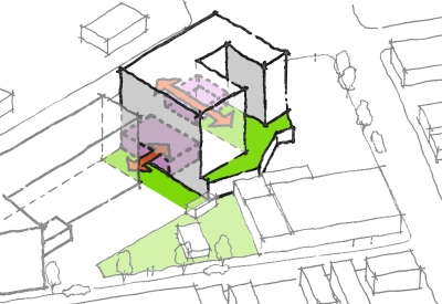Diagram showing the common rooms opening out to shared spaces at 34th and San Pablo Affordable Family Housing in Oakland, California.