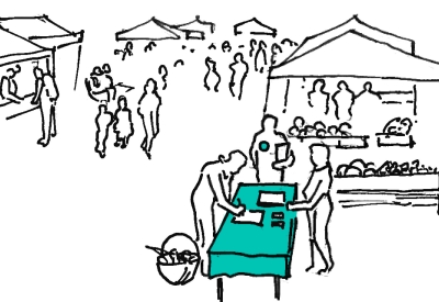 Sketch of an aqua booth where people can register for the Local Cache.