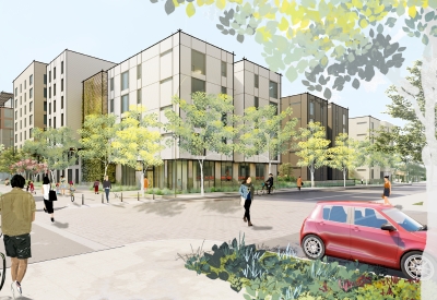 Exterior rendering of the street view for East Santa Clara Housing in San Jose, California