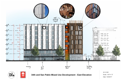 Elevation study rendering for 34th and San Pablo Affordable Family Housing in Oakland, California.