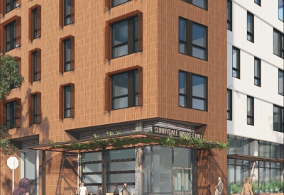 Exterior rendering of the corner of Sunnydale Block 3 in San Francisco.