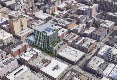 North west aerial rendering of 1101 Sutter in San Francisco.