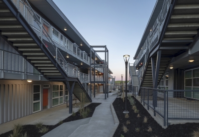 Pedestrian walkway at Rocky Hill Veterans Housing in Vacaville, California.