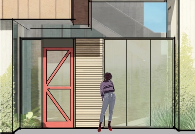 Exterior rendering of the entrance to 1100 La Avenida in Mountain View, California.