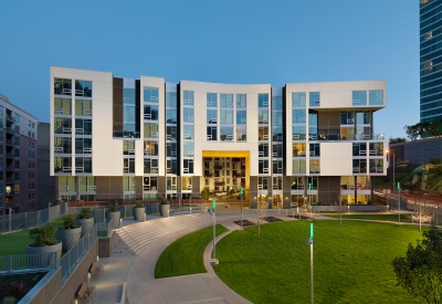 Exterior view of Rincon Green at dusk in San Francisco.