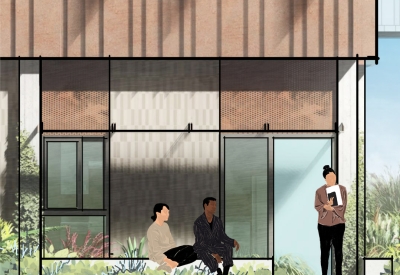 Exterior rendering of the private residential entry to 1100 La Avenida in Mountain View, California.