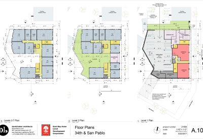 Schematic floor plans for the 1st level, 2nd level and 3-7 level for 34th and San Pablo Affordable Family Housing in Oakland, California.