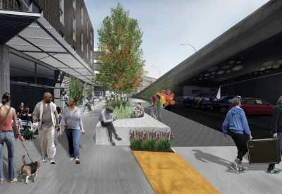 Rendering of an alley at 789 Minnesota with greenery throughout.