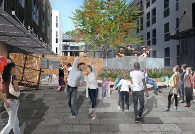 Rendering of the public plaza at  789 Minnesota in San Francisco.
