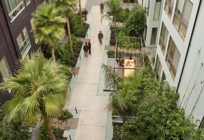 View of a courtyard from above at Pacific Cannery Lofts in Oakland, California.