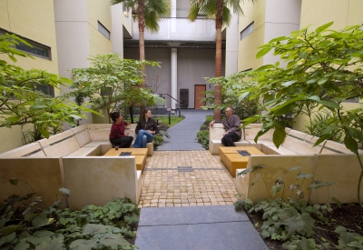 Courtyard with conversation pit at Pacific Cannery Lofts in Oakland, California.