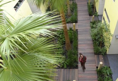 View of a courtyard from above at Pacific Cannery Lofts in Oakland, California.