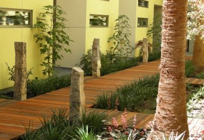 Garden courtyard walkway at Pacific Cannery Lofts in Oakland, California.