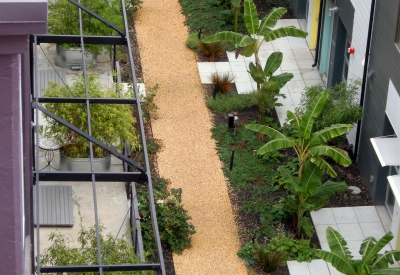 View of the resident pathway from above at Pacific Cannery Lofts in Oakland, California.