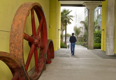 Large wheels repurposed from the cannery at Pacific Cannery Lofts in Oakland, California.
